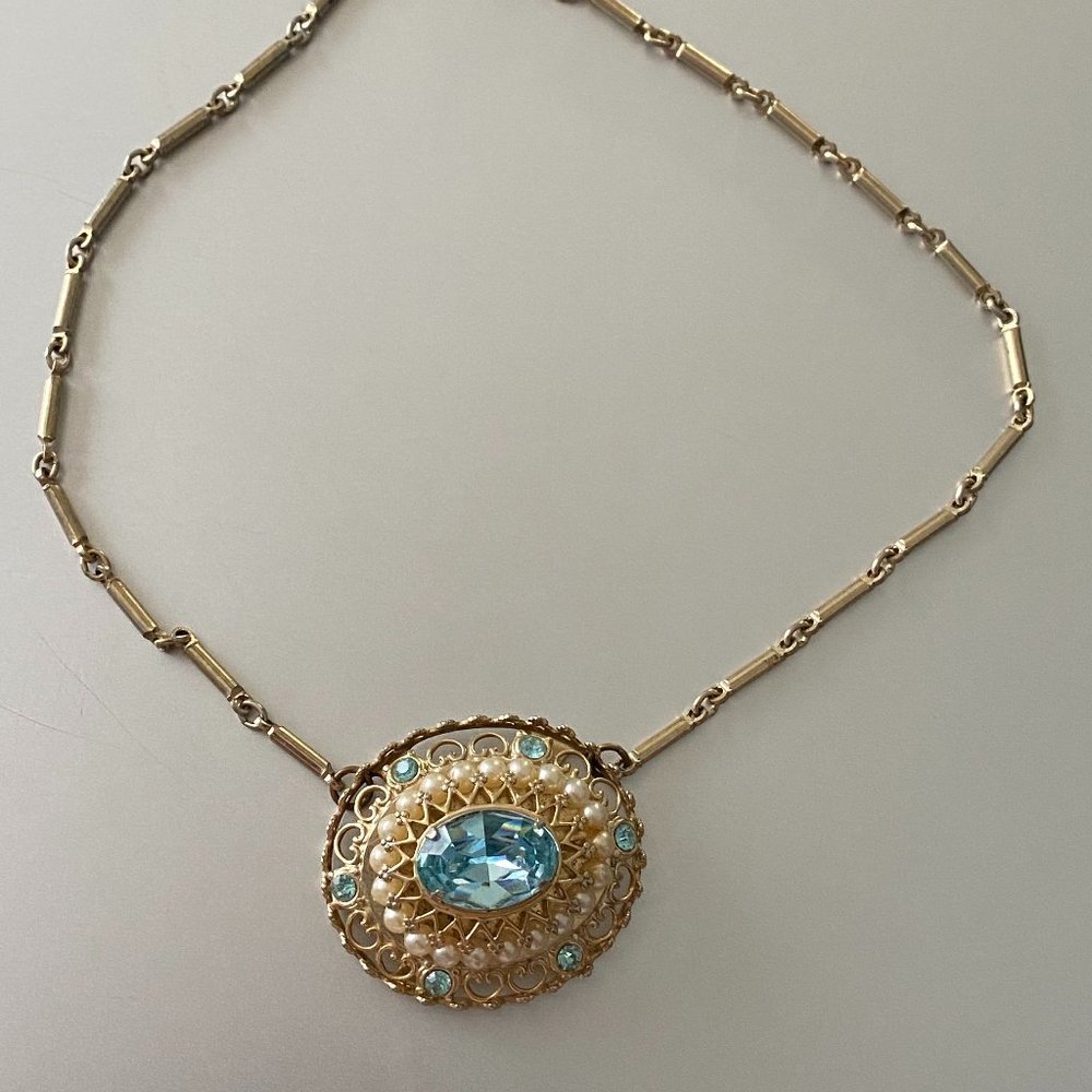 Vintage CORA Choker Necklace with Aquamarine Stone/Faux Pearls